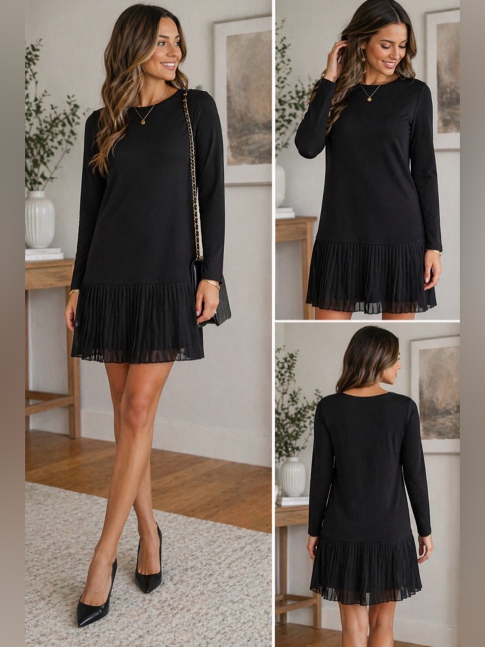 Michael Kors Black Pleated Hem Dress XS | Long Sleeve Minimal Chic